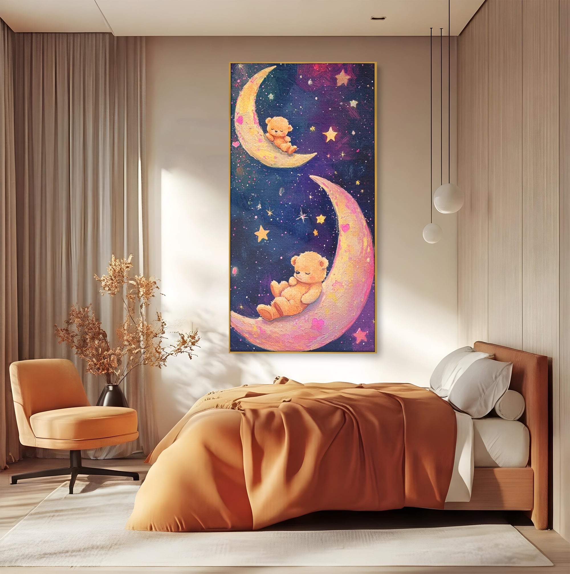Tablou canvas cu doi ursuleti dorm pe semiluna, in rama de aluminiu auriu, pe perete intr-un dormitor